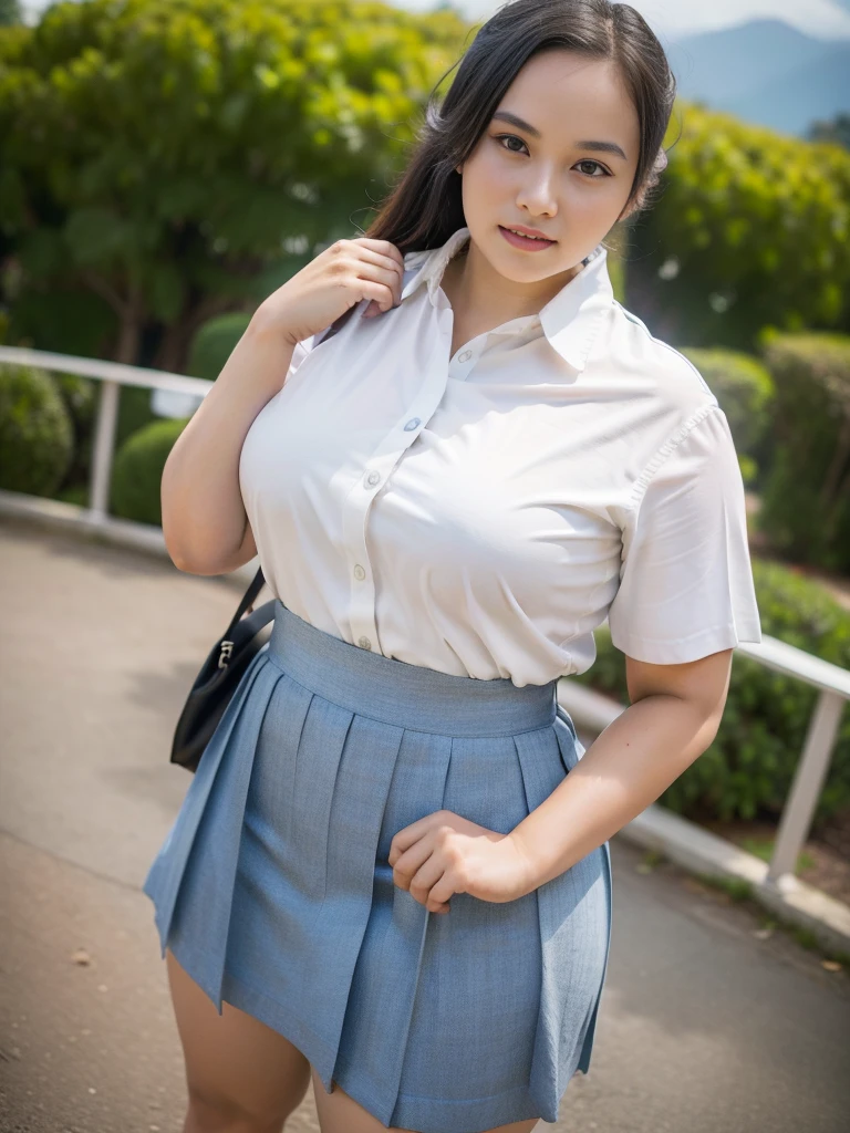 1girl, solo, (Indonesian_high_school_uniform), standing, outdoors, (ultra wide angle shot: 1.4), beautiful scenery, detailed face, detailed eyes, thick breasts, fitness body, smooth skin, tight white shirt, grey blue short skirt, looking at the audience, low angle shot,(8k, RAW photo, best quality, masterpiece: 1.2), (realistic, realistic: 1.37), ultra-high resolution