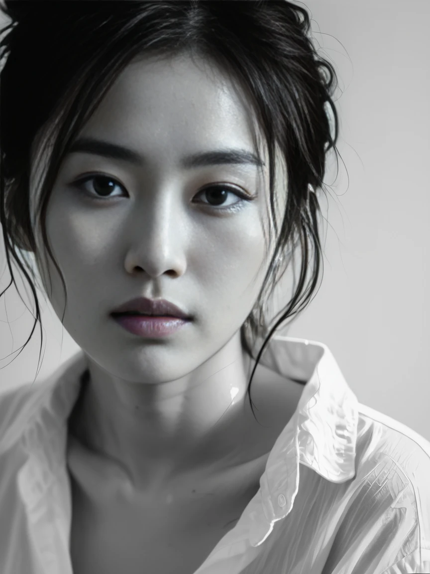 A highly detailed black-and-white drawing of a young asian woman with wet slightly messy hair,gazing intently at the viewer. She's wearing a long-sleeved wet open white shirt and he's lying.The background is minimalist. The focus is on her expressive eyes. The lighting is soft,casting gentle shadows that accentuate the contours of her face and body. The drawing style is realistic with a slight sketchy quality,emphasizing the texture and details of the hair,skin,clothes,