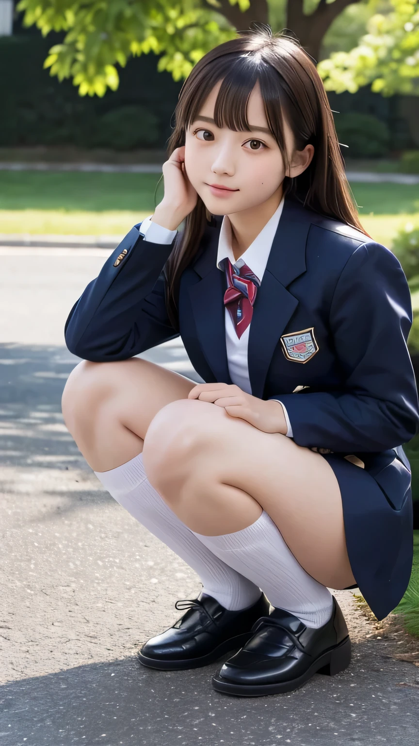 (masterpiece:1.2), Japanese, (18 years old), (((a girl))), (school blazer uniform), collared shirt, outdoor, plump, sunshine, 