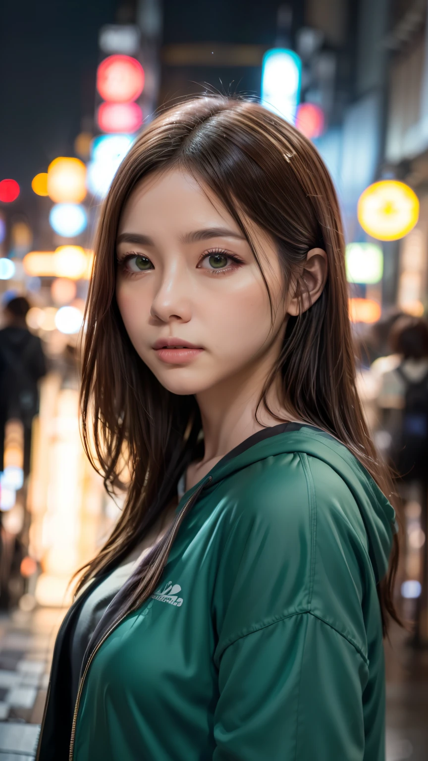 A woman standing on a crowded street in Tokyo, Traffic jam on a rainy night, masterpiece, RAW Photos, Written boundary depth, Bokeh, (Front light:1.2), (Backlight:0.75), (Subsidy Light:0.9), neon, chromatic aberration, (Lens flare:1.2), 8k, Genuine, green,(head shot:1.5)