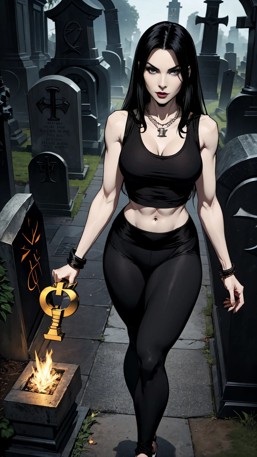 Pale skin, flowing black hair, black tank top, ((black spandex leggings)), ((ankh on a necklace)), graveyard