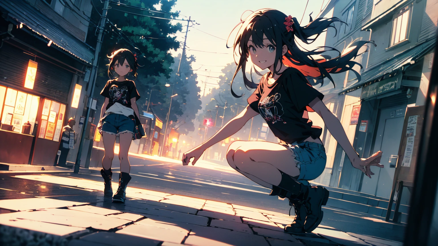 (Highest quality、masterpiece、High resolution、detailed)、(Shining Eyes、detailed美しい顔)、1 Girl、(T-Shirts,Shorts),smile,short boots,outskirts、Slope background、Beautiful Anime