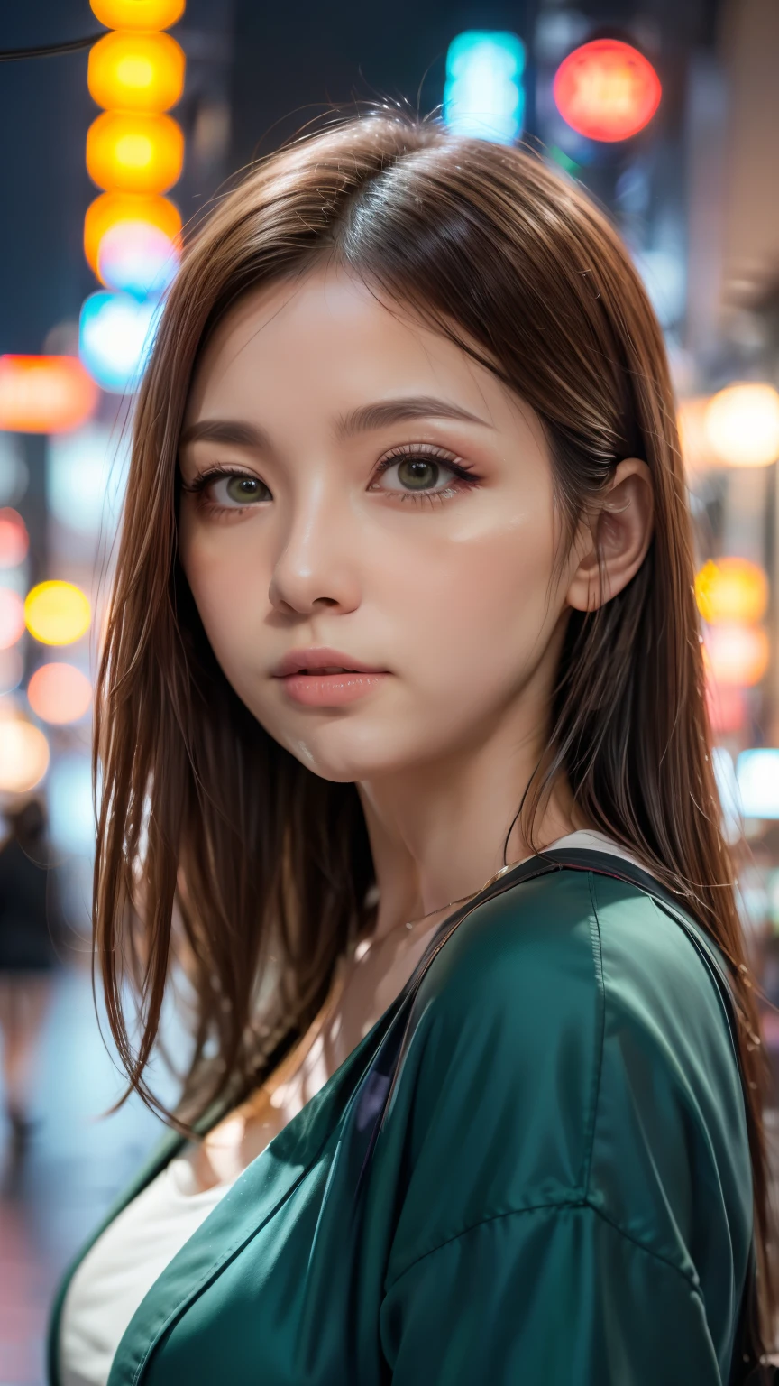 A woman standing on a crowded street in Tokyo, Traffic jam on a rainy night, masterpiece, RAW Photos, Written boundary depth, Bokeh, (Front light:1.2), (Backlight:0.75), (Subsidy Light:0.9), neon, chromatic aberration, (Lens flare:1.2), 8k, Genuine, green,(head shot:1.5)