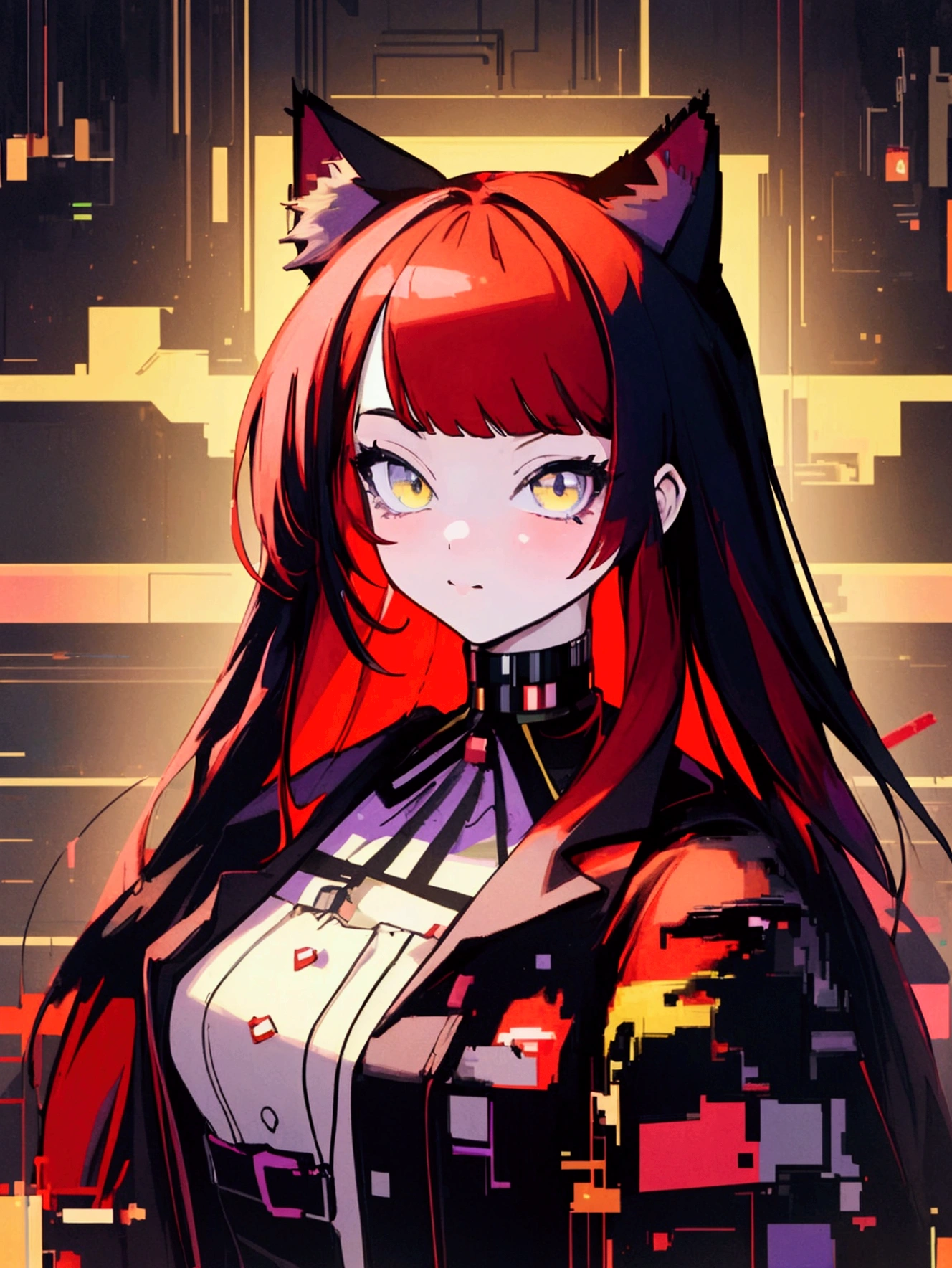 (masterpiece, top quality, best quality, official art, beautiful and aesthetic:1.2), 1girl, red hair, cat ears, glitch art, (digital distortion), pixelated fragments, data corruption,colorful noise, visual chaos,contemporary aesthetics