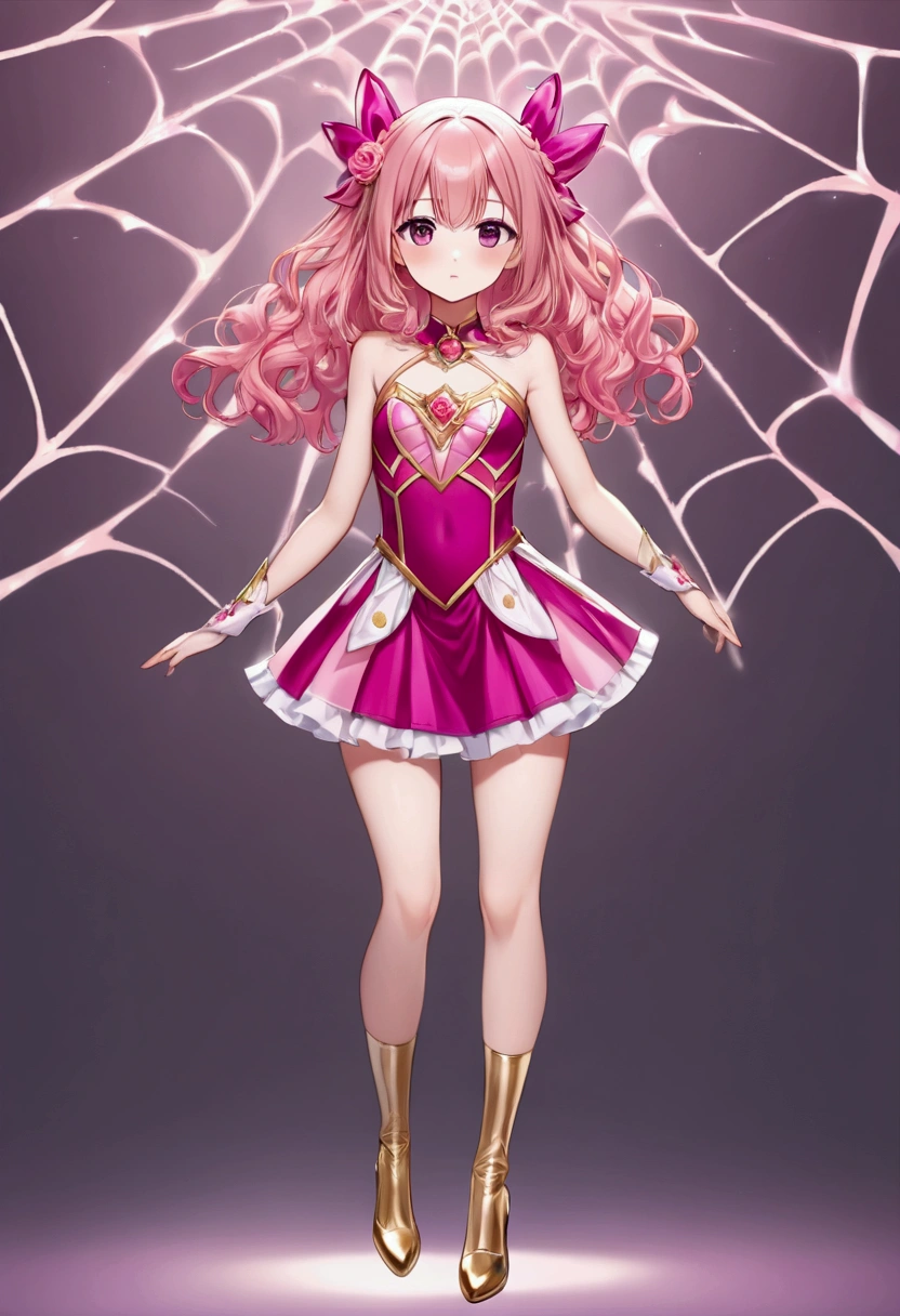 Create an anime-style girl with (((deep magenta eyes and long, wavy pink hair))) ((styled in an elegant frenchbraid)). (((She is slender, and with small breasts))). ((Ensure a full-body shot of her)) wearing a (((pink, gold, and rose gold color magical girl-themed outfit.))) ((The outfit features a spider and spider web theme.)) The overall look is regal and ethereal, with magical glowing effects. cutesexy, purinpuon pixiv, no future, a hyperrealistic , hyperrealistic , realistic , seductive (anime girl), smooth anime cg art, beautiful alluring anime teen, (purinpuon pixiv), ((magical girl)), (masterpiece), best quality, expressive eyes, perfect face ((Highest quality))、((8K))、(((8k wallpaper))) ((Full Body Shot: 1.5))、ultra detailed, masterpiece, best quality, solo ((purinpuon pixiv, no future)) (((purinpuon pixiv, no future)))