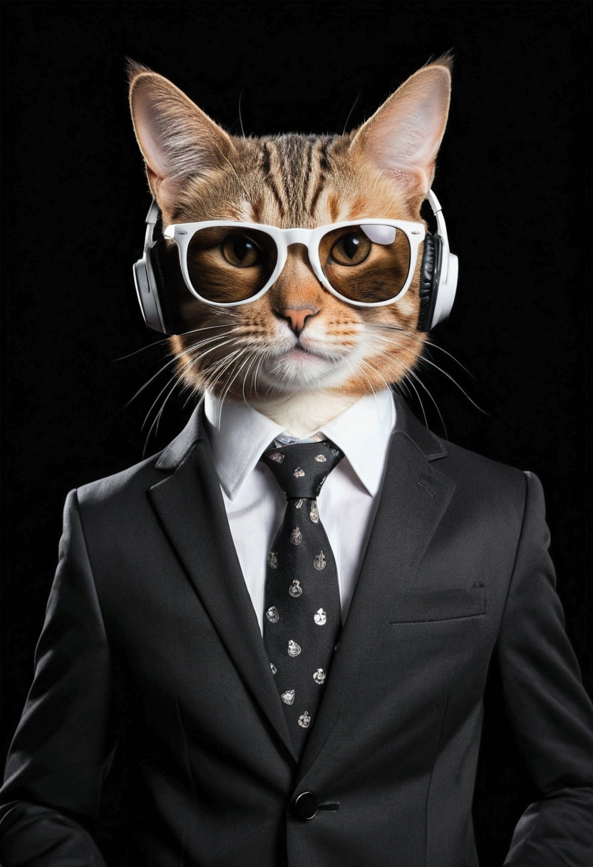 perfect centering placement, cute cat, Wear a suit., Play poker, Wear sunglasses, Wear headphones, Cheerfulness, Standing position, Abstract Beauty, Centered, Looking into the camera, To the camera, Approaching perfection, dynamic, High definition, Smooth, Sharp focus, 10, Deep black background