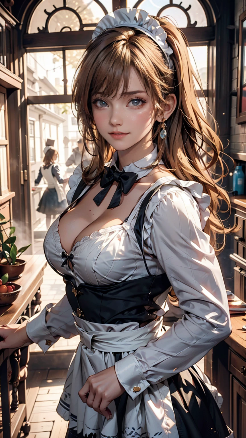 Masterpiece, Highest quality, High resolution, One girl, hayasaka ai, alone, Blonde, Maid, blue eyes, Side Ponytail, Hair Scrunchie, hair ornaments, Blue Scrunchie, Maid headdress, apron, Hair between the eyes, chest, Long sleeve, bangs, White shirt, Black Dress, Side Lock, Maid apron, Black Pantyhose, Cowboy Shot, 24-year-old woman、Sexy proportionature female body、Sexy proportionakeup、Textured skin((textured skin))、smile、Narrow waist、Inner Color((colored inner hair))、Vertical roll on one side((side drill))、Background blur((depth of field))、Aerial perspective((atmospheric perspective))、