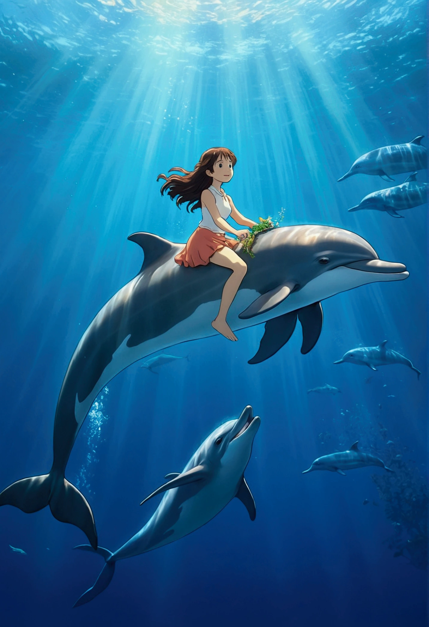 Ghibli　Underwater　Girl riding a dolphin