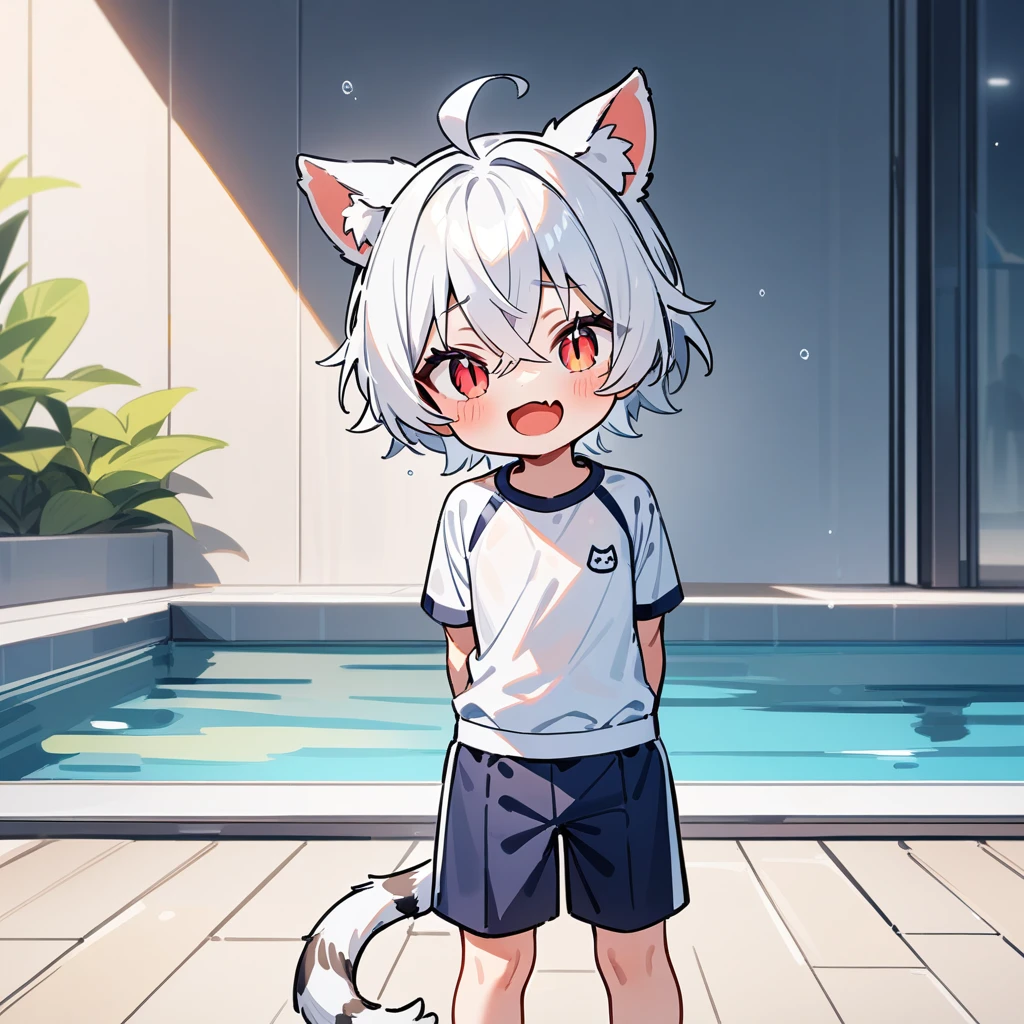 （masterpiece：1.2，high quality），4K，High resolution，A four-year-old boy，cute boy， white hair，short hair，crossed bangs，red eyes，slit pupils， ahoge，cat ears，laughing，skin fang，Wearing a white sports top，dark blue swimming trunks，Standing in the pool，primary school student，thigh，alone，tiger tail，((Hands behind your back))