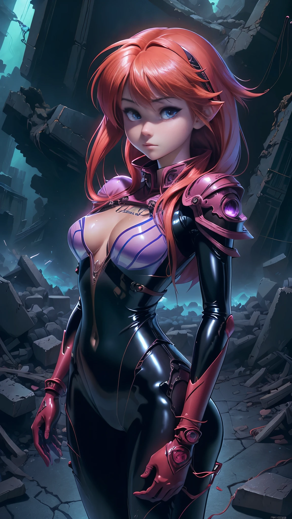 (The best quality,A high resolution,Ultra - detailed,actual),Selena Gomez es Asuka Langley soryu,, (Asuka Langley soryu:V2.1), (neon genesis evangelion:1.4), (latex BodySuit plastic transparent rojo :1.4) ,(Ruined dungeon ruins background:1.4 ), (Traje de Asuka Langley soryu letex rojo cyborg), epic fantasy art style hd, 4K fantasy art, epic fantasy digital art style, epic fantasy art style, Fantasy Woman, epic fantasy art portrait, Epic fantasy style, hyperrealistic fantasy art, hd fantasy art, epic fantasy character art, epic fantasy art, in style of dark fantasy art, epic fantasy digital art, (cowboy pose),( perfect anatomy :1.4), (Asuka Langley soryu:1.4), (Selena Gomez :1.4), (cinematic lighting :1.4)