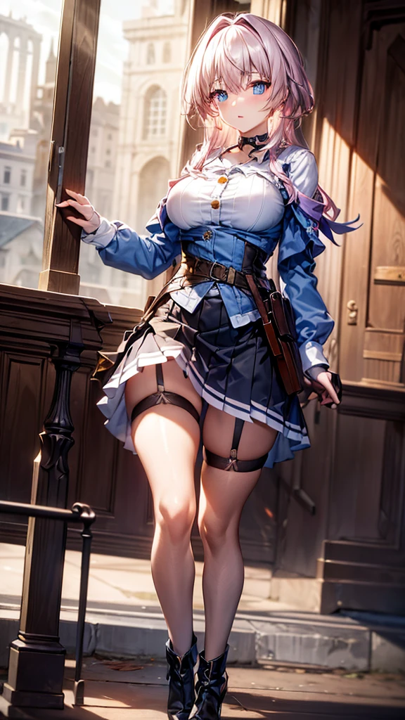 a beautiful young woman, light pink hair,  big blue eyes, ankle boots, archery shooting glove, badge, bare legs, black choker, black corset, black footwear, black gloves, blue jacket, blue skirt, boots, button badge, buttons, choker, collarbone, corset, earrings, flower ornament, gloves, high heel boots, high heels, jacket, jewelry, long sleeves, miniskirt, partially fingerless gloves, pleated skirt, shirt, showing blue lace panties, single earring, single glove, skirt, thigh strap, tied jacket, underbust, white shirt, skirt lift, flipped my skirt, innocent looking, beautiful detailed eyes, beautiful detailed lips, extremely detailed face, long eyelashes, standing in a train station, sunlight streaming through the windows, intricate architectural details, gleaming metal and glass, warm color palette, cinematic lighting, photorealistic, 8k, high quality, detailed