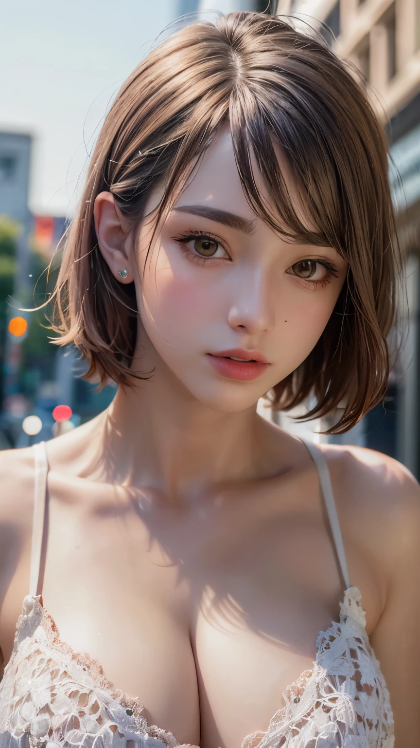 Masterpiece hyperrealist & Photorealistic beautiful girl, Realistic Skin (Pore-filled skin) Short Bob Cut Hair, Realistic red lips,Punk Girl, (head shot:1.5),Shorts