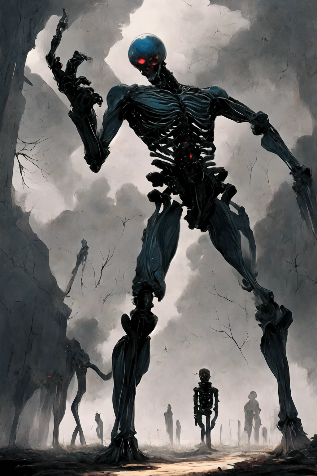 (((Highest quality)))(((Best Image)))外見は黒いfog,Put on your armor,Modern Battle Suit(((Appearance)))The shape is humanoid,Modern weapons(((Features)))Eyes glowing red,The shape is made of purple glowing matter..(((male)))The skeleton is human-like、Muscle fibers are visible.,fogのようなもので獲物を探す(((background)))Barren Land,dead tree,fog,Chaotic world(((Standing posture)))Battle Scenes,overwhelmingly strong,Highest quality。