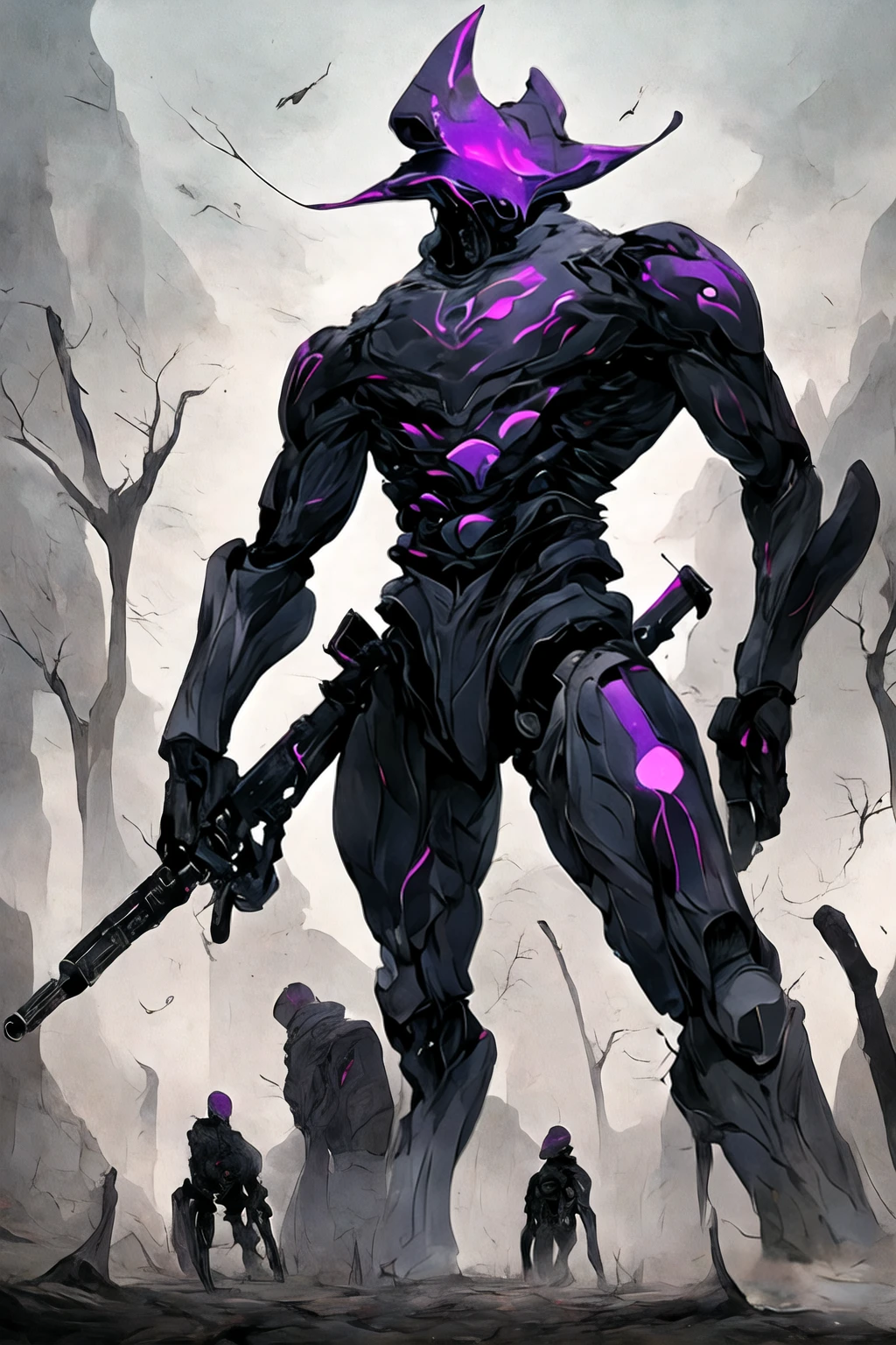 (((Highest quality)))(((Best Image)))外見は黒いfog,Put on your armor,Modern Battle Suit(((Appearance)))The shape is humanoid,Modern weapons(((Features)))Eyes glowing red,The shape is made of purple glowing matter..(((male)))The skeleton is human-like、Muscle fibers are visible.,fogのようなもので獲物を探す(((background)))Barren Land,dead tree,fog,Chaotic world(((Standing posture)))Battle Scenes,overwhelmingly strong,Highest quality。