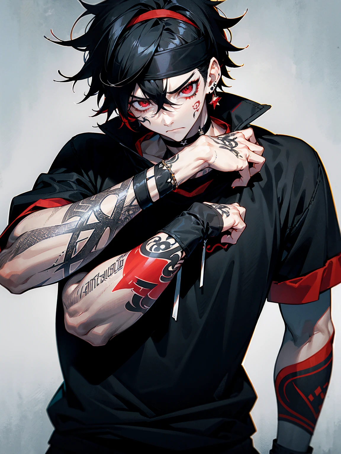 1male, adult, black hair, messy hair, headband, red eyes, tattoos on face, tattoos on arm, pale skin, choker, emo bracelets, earrings, black sweatshirt, grey sweatpants,tired expression, serious expression