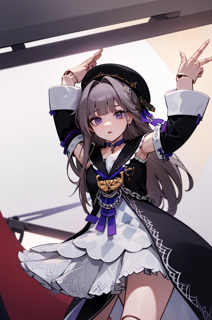 aaherta, long hair, grey hair, hair flower, beret, black headwear, joints, choker, key, sailor collar, shoulder cutout, white dress, detached sleeves, herta, star rail herta, madam herta, star rail, arms up, absolute cinema meme, arms, front, front body