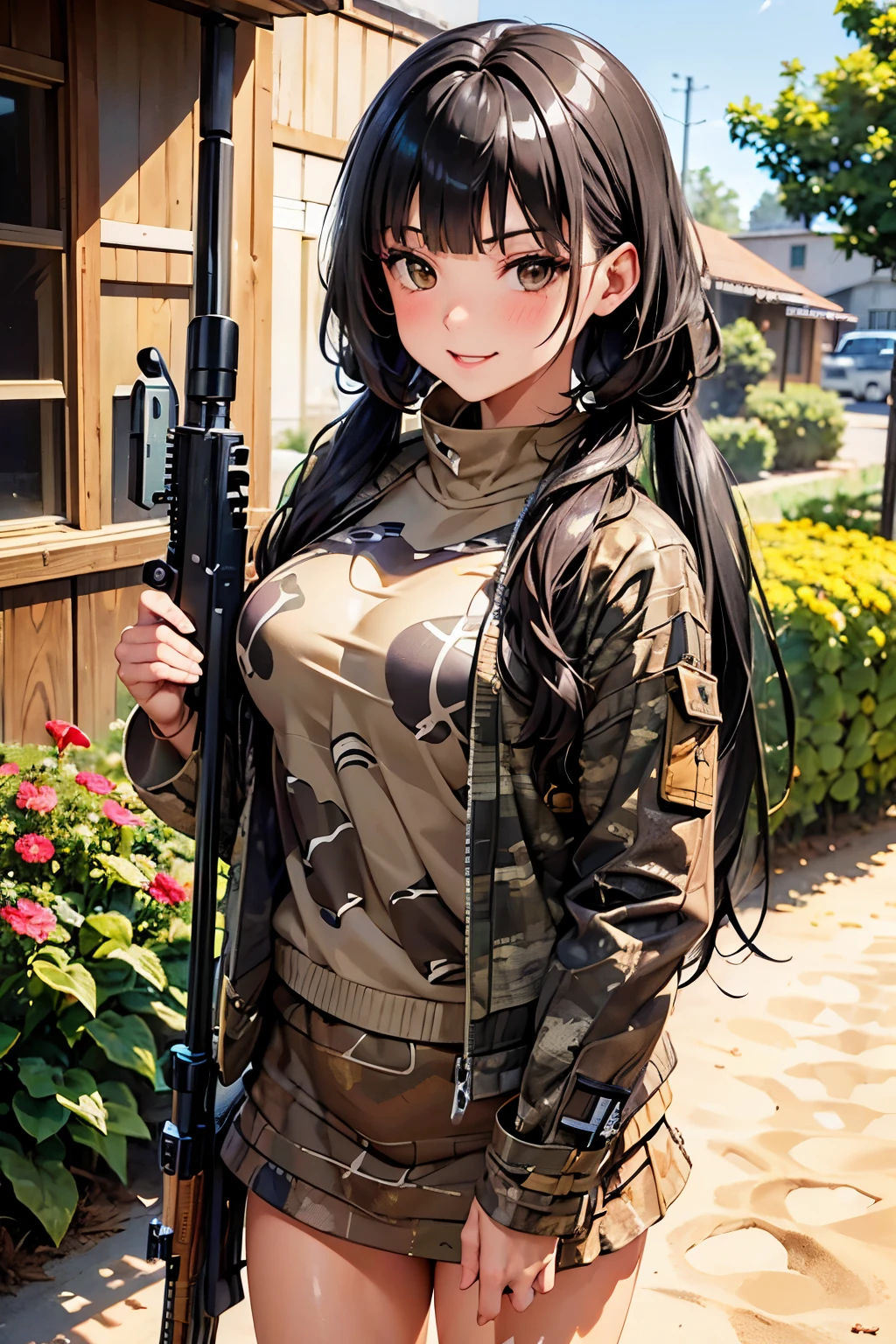 A girl is posing for a photo, cute女の子, Enchanting girl, Anime Girls, 
(((One Girl, Baby Face, cute, 16 years old))), 

(smile), 
(noon、(A garrison in the sunlight、grass)), ((Dynamic Pose、From before、Cowboy Shot))
BREAK 

(Black Hair、Hair blowing in the wind、Straight Long Hair), (black eye, Slanted Eyes), BREAK Women in the Military、(((militrous,uniform:1.4,Camouflage、Camouflage pants)))、Earrings、
BREAK 

(Symmetrical facial features, Perfect Face), (Beautiful breasts, (Ｃcup)), 
Beautiful body, Beautiful clavicle, Beautiful thighs, Beautiful feet, Perfect round butt, (Beautiful fingers), (((Detailed skin, Oily skin, Textured skin, Beautiful Skin))), 

Double eyelids, Long eyelashes, 
(Expression of fine eyes, Beautiful and delicate eyes, Sparkling eyes, Eye Reflexes), 
(Beautiful Nose,Thin Nose), 
(Glossy Lips, Beautiful Lips, thick lips), 
(Beautiful Hair, Shiny Hair, Shiny Hair)), 
BREAK 

(((highest quality)), ((masterpiece)), (Very detailed), (High resolution), (Beautiful detailed sparkle), (High detail), (Anatomically correct)), ((Realistic)), 
(The best CG), Ultra-detailed art, CG illustration, (16k, 1080P), Oil paints, 
