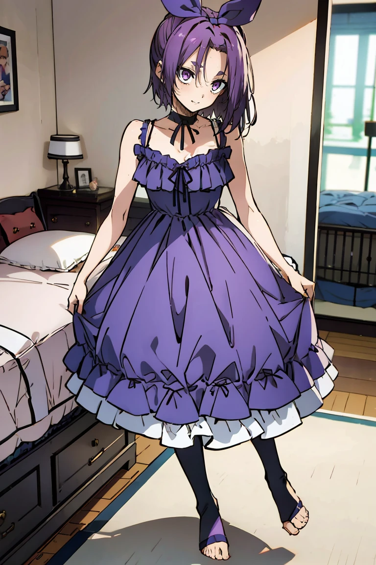 (masterpiece:1.2), (high quality:1.2), reo mikage, blue lock, girls with((1girl, solo, purple hair, (medium hair, right swept bangsone side up, hair ribbon, hair bow:1.55), bare shoulder, blush, breasts, choker, cleavage, cowboy shot, collar, collarbone, rosary, rosary choker, cross, white clothes, blouse, sleeveless, neck ribbon, big ribbon, cheongsam, cinderella dress, long dress, frill pannier, leggings, boots, sandals, bare feet)), background with((bedroom, room:2.0))