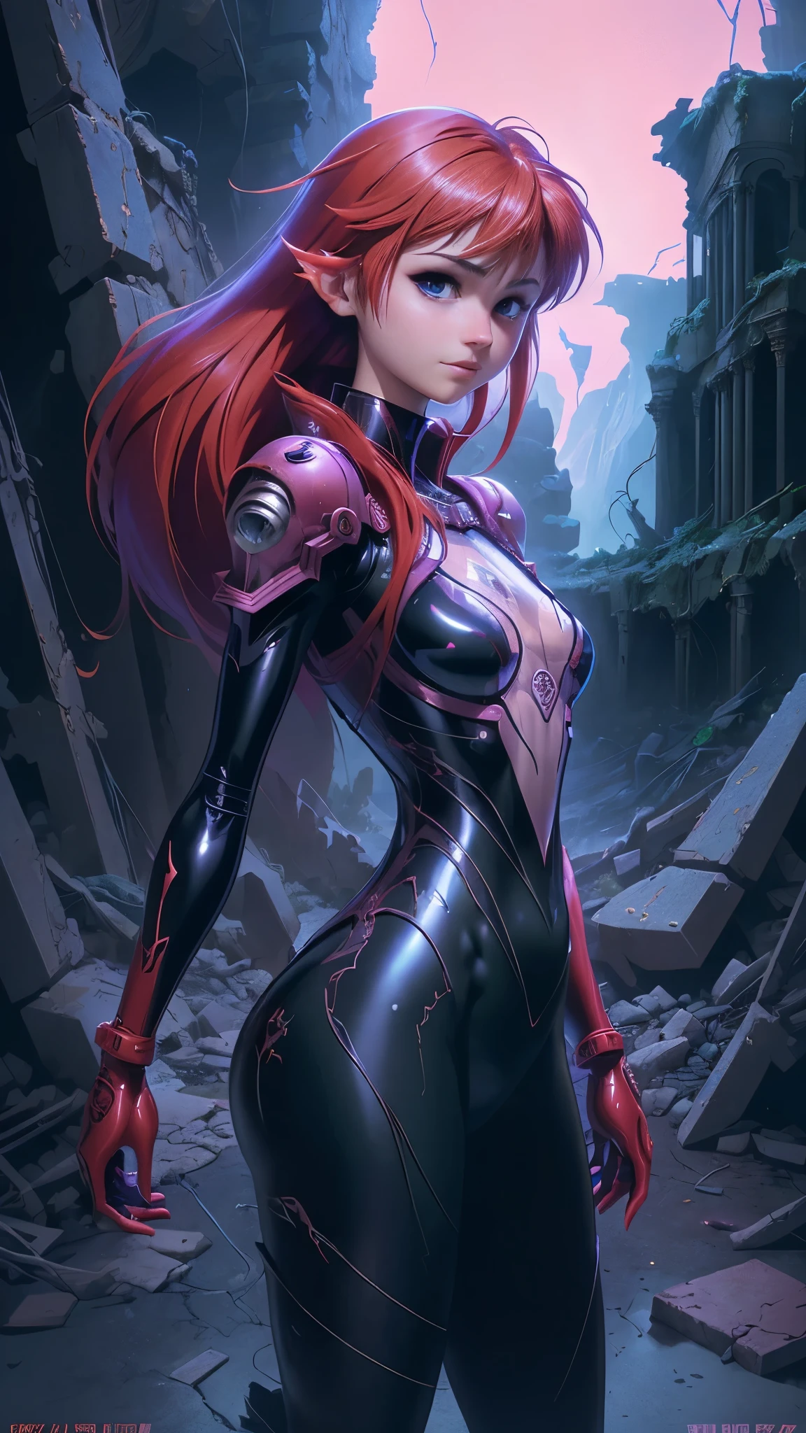 (The best quality,A high resolution,Ultra - detailed,actual),Selena Gomez es Asuka Langley soryu,spider man lasts , (Asuka Langley soryu:V2.1), (neon genesis evangelion:1.4), (latex BodySuit plastic transparent rojo :1.4) ,(Ruined dungeon ruins background:1.4 ), (Traje de Asuka Langley soryu letex rojo cyborg), epic fantasy art style hd, 4K fantasy art, epic fantasy digital art style, epic fantasy art style, Fantasy Woman, epic fantasy art portrait, Epic fantasy style, hyperrealistic fantasy art, hd fantasy art, epic fantasy character art, epic fantasy art, in style of dark fantasy art, epic fantasy digital art, (cowboy pose),( perfect anatomy :1.4), (Asuka Langley soryu:1.4), (Selena Gomez :1.4), (cinematic lighting :1.4)