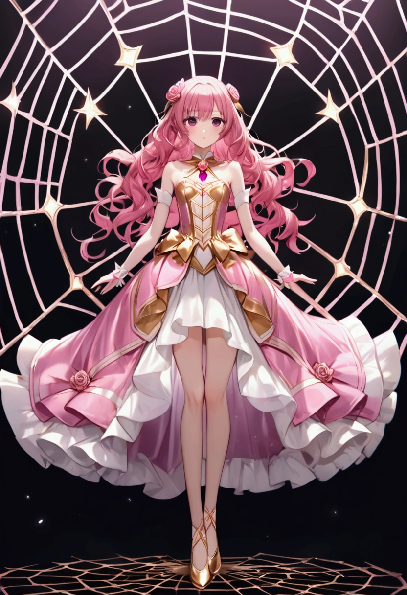 Create an anime-style girl with (((deep magenta eyes and long, wavy pink hair))) ((styled in an elegant frenchbraid)). (((She is slender, and with small breasts))). ((Ensure a full-body shot of her)) wearing a (((pink, gold, and rose gold color magical girl-themed outfit.))) ((The outfit features a spider and spider web theme.)) The overall look is regal and ethereal, with magical glowing effects. cutesexy, purinpuon pixiv, no future, a hyperrealistic , hyperrealistic , realistic , seductive (anime girl), smooth anime cg art, beautiful alluring anime teen, (purinpuon pixiv), ((magical girl)), (masterpiece), best quality, expressive eyes, perfect face ((Highest quality))、((8K))、(((8k wallpaper))) ((Full Body Shot: 1.5))、ultra detailed, masterpiece, best quality, solo ((purinpuon pixiv, no future)) (((purinpuon pixiv, no future)))