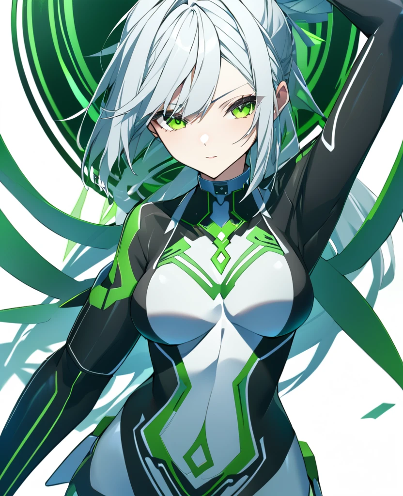 A girl with a green wind motif,Pure white background,See-through bodysuit,エスニックdesign,SFdesign