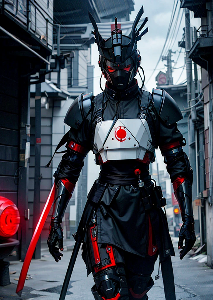 ninja shinobi cyberpunk robot cyborg .big thighs.Wallking street
two samurais walking down a street at night, yasuke.Ninja wearing conical hat.Whiter suit ,red suit, shinobi Cyborg. Red eyes, devil mask, rain. Dark night. Equipped with Sword on back. Katana on back. Robot. gears. screws. lights. wires on back. Arresting monsters in alleys.real. tokyo. UE5 CGI