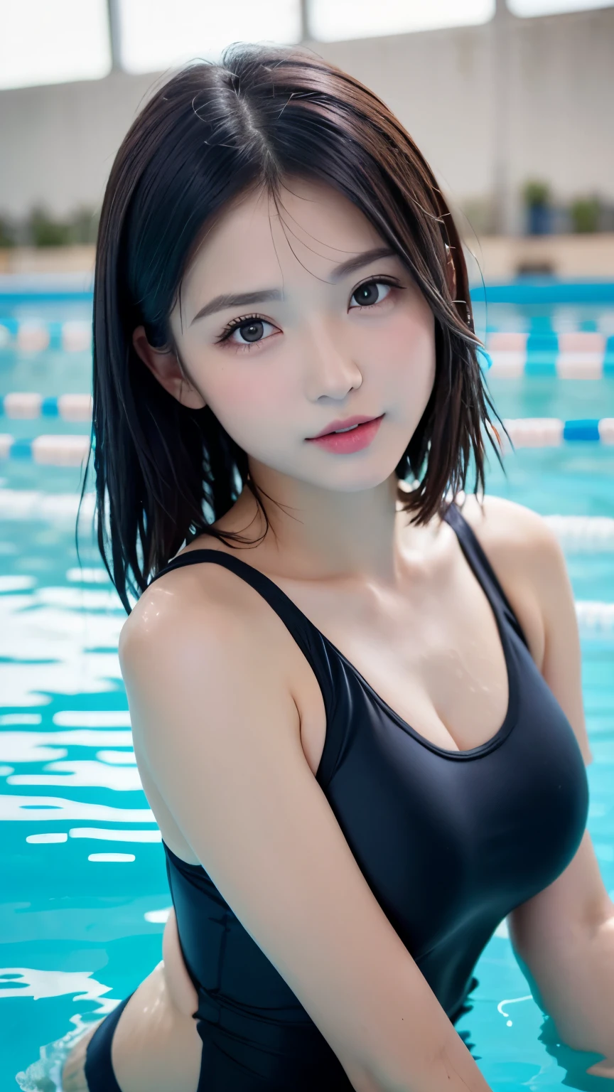 (((forehead、Short Bob、A calm face、Northern Europe、White、beautiful girl、Black Hair、School swimming pool、competition swimsuit、cute、Young、True Face、Shiny Hair、whole body)))、table top, highest quality, figure, super detailed, finely, High resolution, 8k wallpaper, Perfect dynamic composition, detailed and beautiful eyes, Deco out,bionde, breasts, Natural color lip,white background, random cute poses,