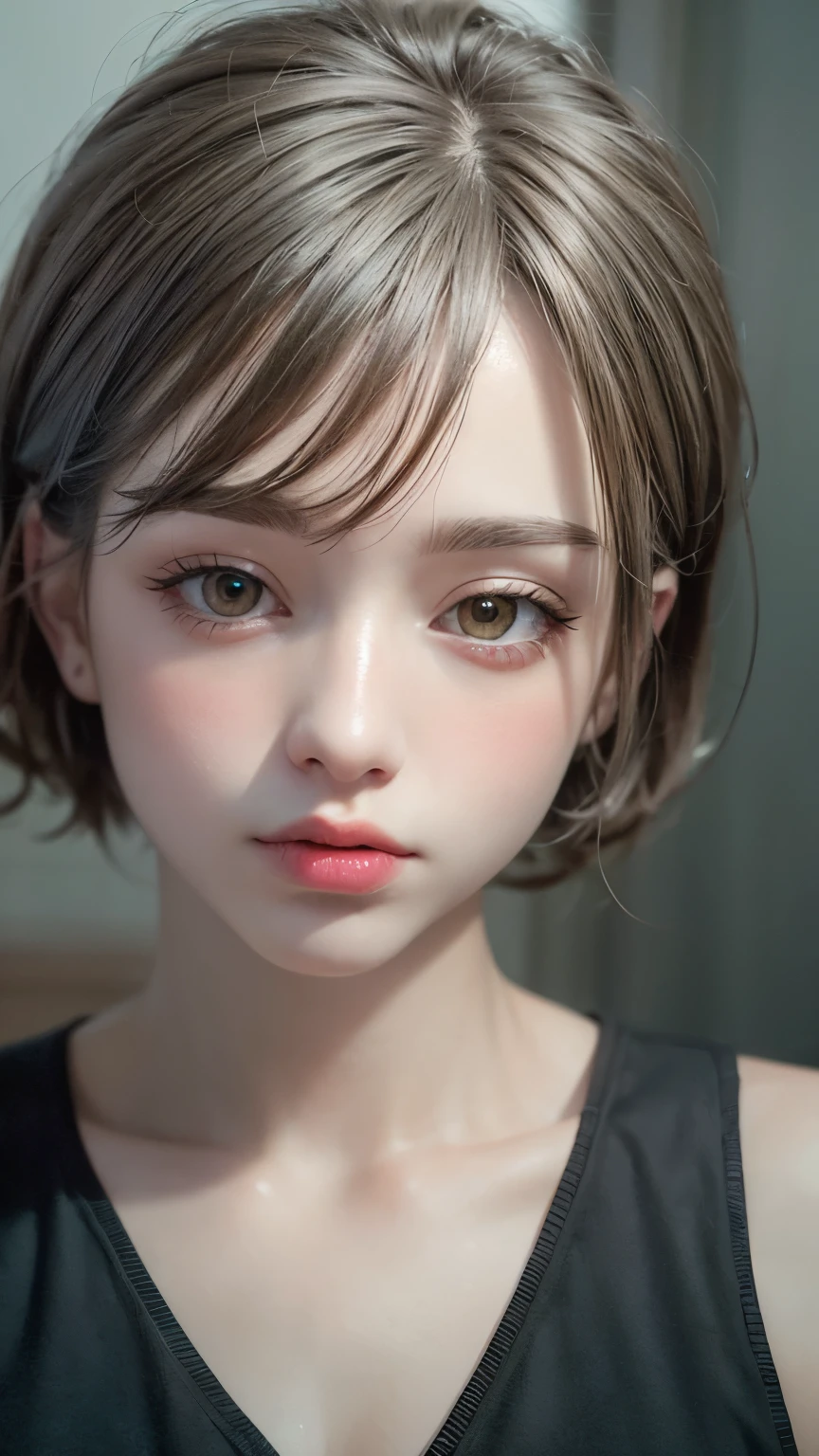 Masterpiece hyperrealist & Photorealistic beautiful girl, Realistic Skin (Pore-filled skin) Short Bob Cut Hair, Realistic red lips,Punk Girl, (head shot:1.5),Shorts