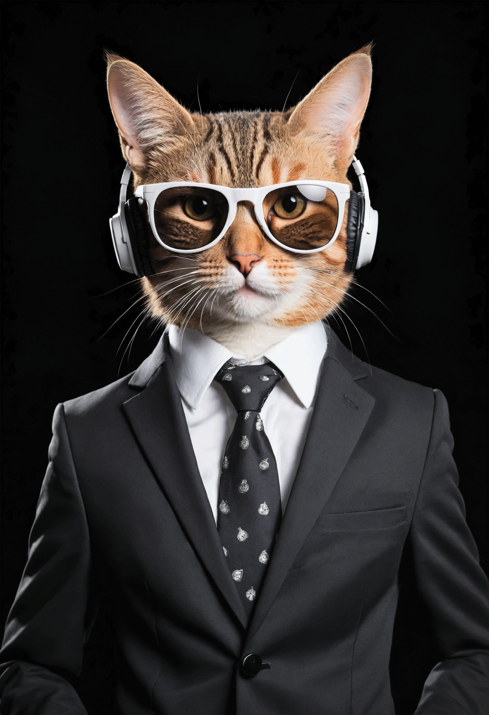 perfect centering placement, cute cat, Wear a suit., Play poker, Wear sunglasses, Wear headphones, Cheerfulness, Standing position, Abstract Beauty, Centered, Looking into the camera, To the camera, Approaching perfection, dynamic, High definition, Smooth, Sharp focus, 10, Deep black background