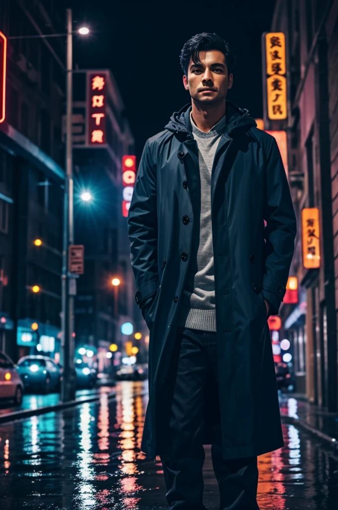 1 man,night city,rain,coat,hand in pocket anime