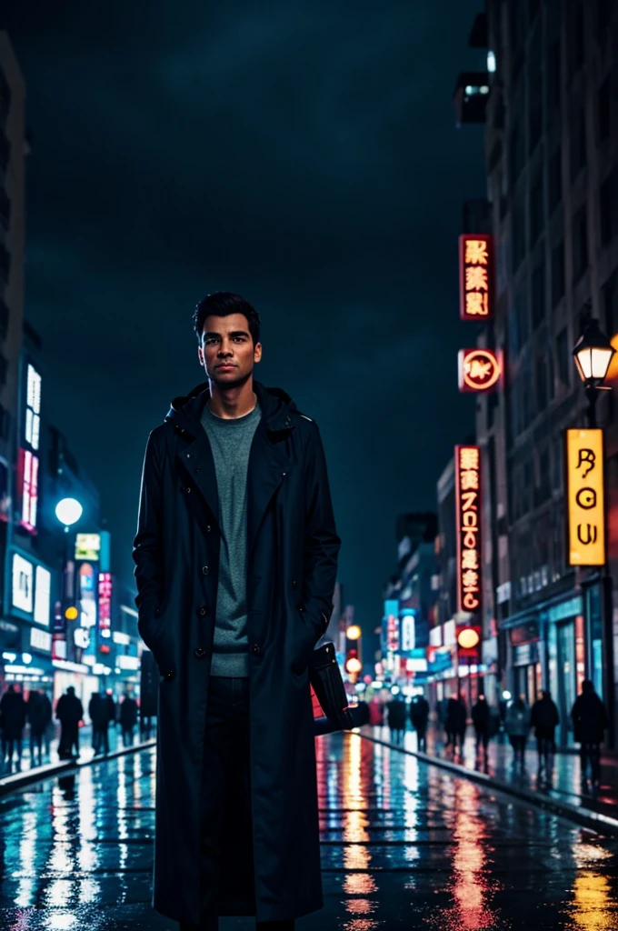 1 man,night city,rain,coat,hand in pocket anime