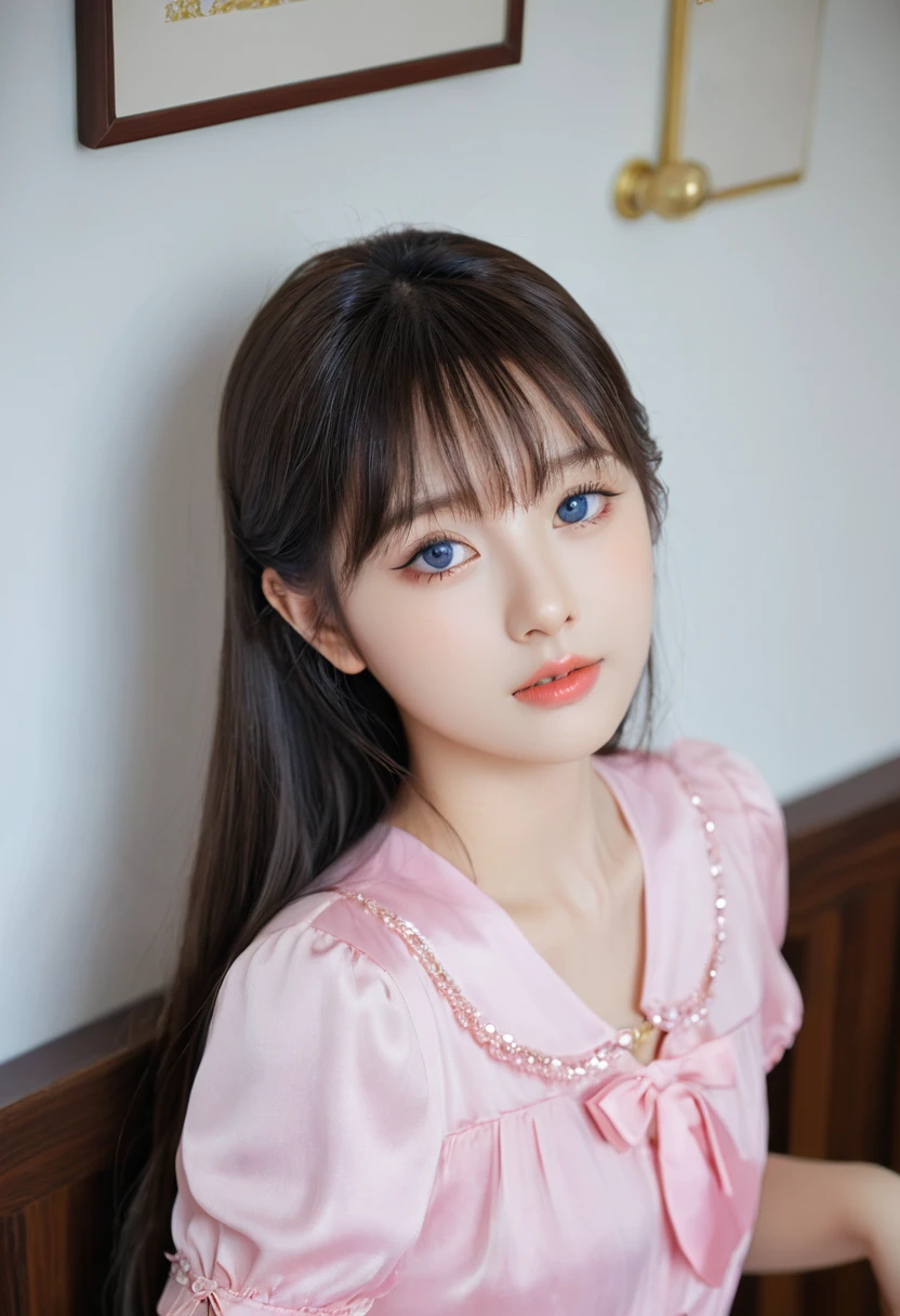 gorgeous, Shiny、Firming、Radiant skin, Bangs between the eyes, Shiny直美丽的白金金发, Extra Long Straight Silky Hair, Eyeliner, ????, beautiful and innocent 14 years old, HD big beautiful bright blue eyes, Beautiful cute girl, baby face, short sleeve