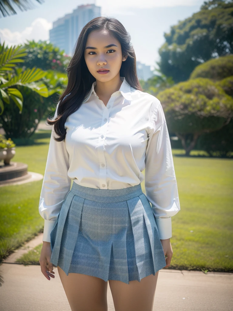 1girl, solo, (Indonesian_high_school_uniform), standing, outdoors, (ultra wide angle shot: 1.4), beautiful scenery, detailed face, detailed eyes, thick breasts, slim fit body, smooth skin, tight white shirt, grey blue short skirt, looking at the audience, low angle shot,(8k, RAW photo, best quality, masterpiece: 1.2), (realistic, realistic: 1.37), ultra-high resolution