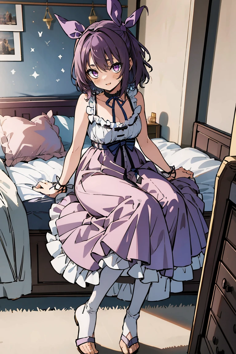 (masterpiece:1.2), (high quality:1.2), reo mikage, blue lock, girls with((1girl, solo, purple hair, (medium hair, right swept bangsone side up, hair ribbon, hair bow:1.55), bare shoulder, blush, breasts, choker, cleavage, cowboy shot, collar, collarbone, rosary, rosary choker, cross, white clothes, blouse, sleeveless, neck ribbon, big ribbon, cheongsam, cinderella dress, long dress, frill pannier, leggings, boots, sandals, bare feet)), background with((bedroom, room:2.0))