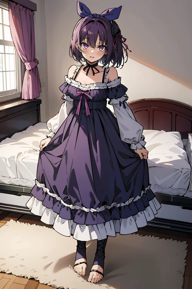 (masterpiece:1.2), (high quality:1.2), reo mikage, blue lock, girls with((1girl, solo, purple hair, (medium hair, right swept bangsone side up, hair ribbon, hair bow:1.55), bare shoulder, blush, breasts, choker, cleavage, cowboy shot, collar, collarbone, rosary, rosary choker, cross, white clothes, blouse, sleeveless, neck ribbon, big ribbon, cheongsam, cinderella dress, long dress, frill pannier, leggings, boots, sandals, bare feet)), background with((bedroom, room:2.0))