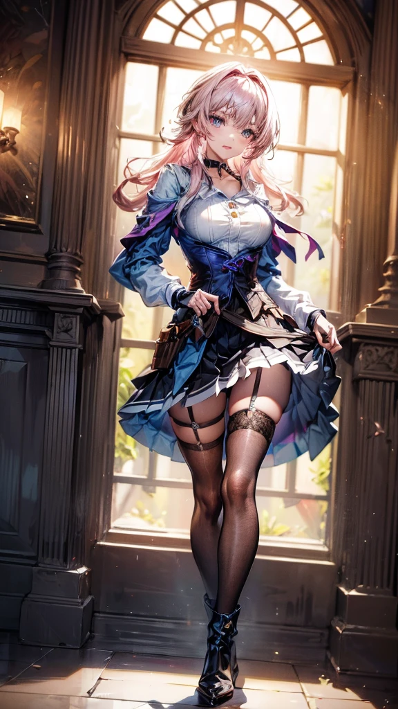 a beautiful young woman, light pink hair, big blue eyes, ankle boots, archery shooting glove, badge, bare legs, black choker, black corset, black footwear, black gloves, blue jacket, blue skirt, boots, button badge, buttons, choker, collarbone, corset, earrings, flower ornament, gloves, high heel boots, high heels, jacket, jewelry, long sleeves, miniskirt, partially fingerless gloves, pleated skirt, shirt, showing blue lace panties, single earring, single glove, skirt, thigh strap, tied jacket, underbust, white shirt, skirt lift, flipped my skirt, innocent looking, beautiful detailed eyes, beautiful detailed lips, extremely detailed face, long eyelashes, standing in a train station, sunlight streaming through the windows, intricate architectural details, gleaming metal and glass, warm color palette, cinematic lighting, photorealistic, 8k, high quality, detailed