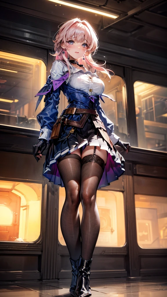 a beautiful young woman, light pink hair,  big blue eyes, ankle boots, archery shooting glove, badge, bare legs, black choker, black corset, black footwear, black gloves, blue jacket, blue skirt, boots, button badge, buttons, choker, collarbone, corset, earrings, flower ornament, gloves, high heel boots, high heels, jacket, jewelry, long sleeves, miniskirt, partially fingerless gloves, pleated skirt, shirt, showing blue lace panties, single earring, single glove, skirt, thigh strap, tied jacket, underbust, white shirt, skirt lift, flipped my skirt, innocent looking, beautiful detailed eyes, beautiful detailed lips, extremely detailed face, long eyelashes, standing in a train station, sunlight streaming through the windows, intricate architectural details, gleaming metal and glass, warm color palette, cinematic lighting, photorealistic, 8k, high quality, detailed