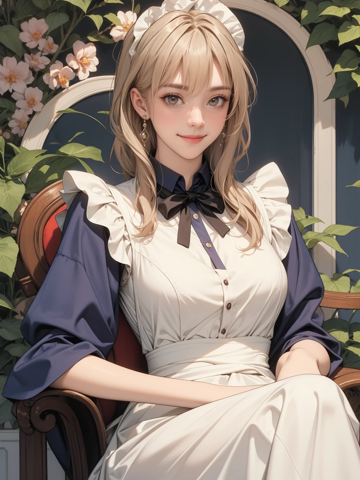 (masterpiece:1.1),(super realistic:1.0)(extremely detailed, intricate details, highres,2.5d:1.1),,(violet_evergarden:1.29),best quality, The overall image quality is of the highest standard, The colors are vivid and vibrant, creating a visually stunning piece of artwork. The art style is a mix of illustrations and photorealistic elements, combining the beauty of fantasy with the realism of the world., The color palette is rich and diverse, with a range of hues that emphasize the vibrant and lively nature of the scene. 1girl, (medium shot), beautiful woman, makeup, large breasts, mascara, BREAK (bowtie), (Detailed Maid:1.4),crepe_fabric_Detailed_Clothes,puffies_long_Detailed_sleeves, soft shadow to face, BREAK (background is pale tone:1.2), (background is beautiful gorgeous garden), (lot of flower), Create a luxurious atmosphere, organic shape and Nature-inspired garden, BREAK (Art Nouveau:1.3), flowing lines, organic shape, complex pattern, (Decorative flat insect design, elegant forms, Natural Inspiration),