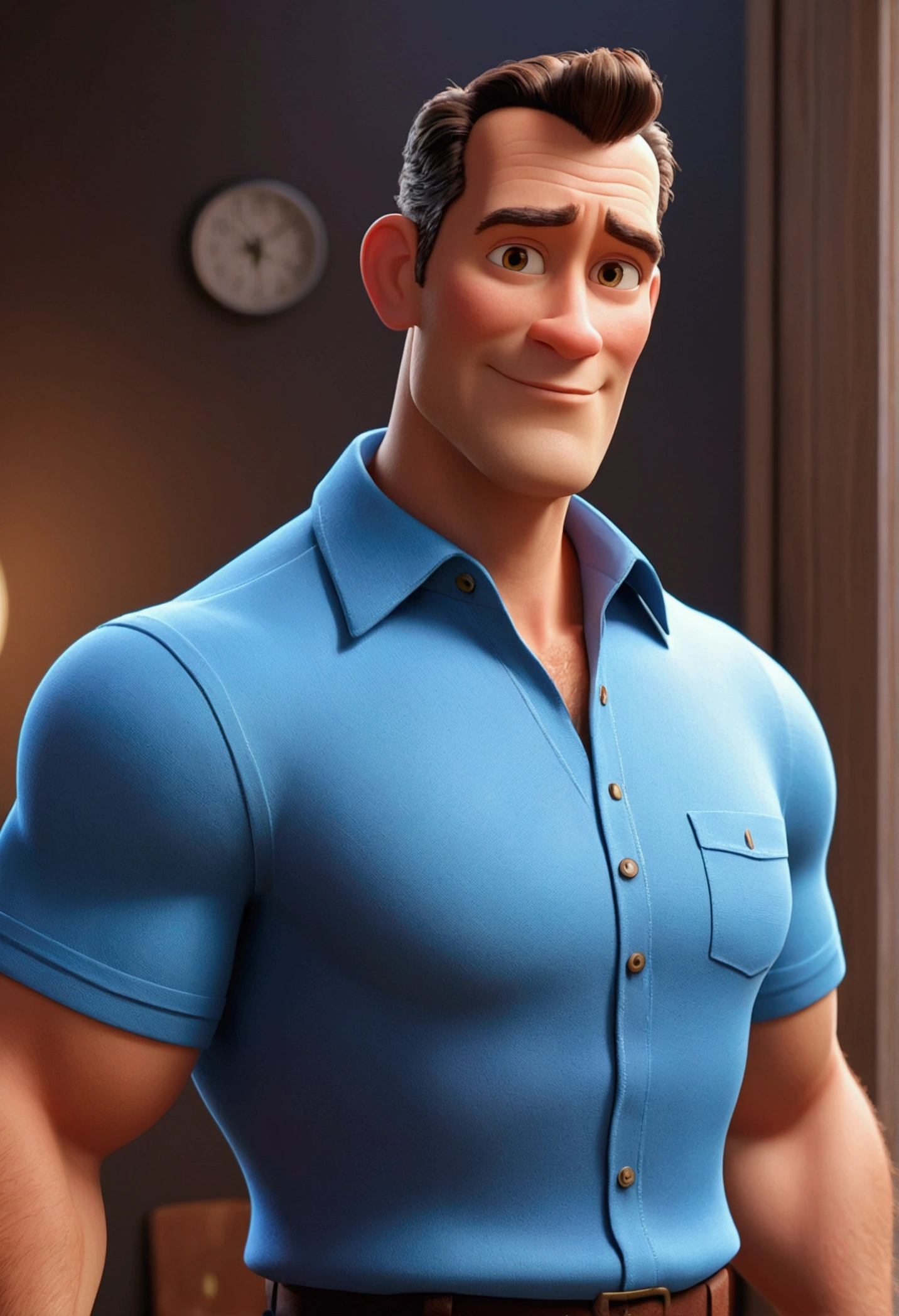 Cartoon character of a man 40 years old in a blue shirt, an animated character, stylized character, animation style rendering, 3d stylized, Arnold Maya rendering, Stylized 3D rendering, toon render screenshot, 3d character, 3d character, Stylized 3D rendering, 3D character rendering, cartoon character, Personagem de close up, character posing, (Pixar-style) (master part:1.2) (bokeh) (best qualityer) (skin detailed) (detailed texture) (8k) (Argilla) (cinematic lighting) (sharp focus,Sit down and lift your upper body