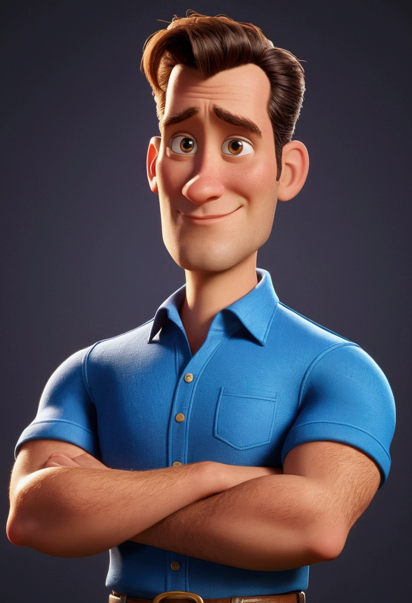 Cartoon character of a man 40 years old in a blue shirt, an animated character, stylized character, animation style rendering, 3d stylized, Arnold Maya rendering, Stylized 3D rendering, toon render screenshot, 3d character, 3d character, Stylized 3D rendering, 3D character rendering, cartoon character, Personagem de close up, character posing, (Pixar-style) (master part:1.2) (bokeh) (best qualityer) (skin detailed) (detailed texture) (8k) (Argilla) (cinematic lighting) (sharp focus,Sit down and lift your upper body