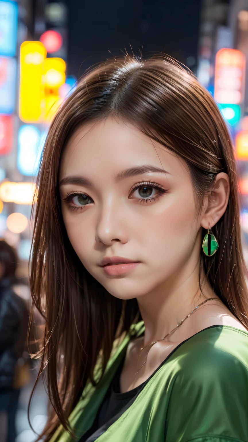 A woman standing on a crowded street in Tokyo, Traffic jam on a rainy night, masterpiece, RAW Photos, Written boundary depth, Bokeh, (Front light:1.2), (Backlight:0.75), (Subsidy Light:0.9), neon, chromatic aberration, (Lens flare:1.2), 8k, Genuine, green,(head shot:1.5)