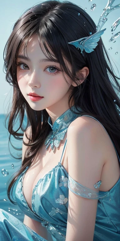 Cute Girls Clothes 6,Printed dress, (Hit your knee) best quality，masterpiece，Ultra-high resolution，Clear face,（realism：1.4），RAW photos，Cold Light，Woman wearing transparent clothes underwater，Wallpaper Anime Blue Water，Gurwitz-style artwork，Close-up fantasy of the magic of water，author：Yang Jie，Gurwitz，Beautiful art illustration，Water Nymphs，Beautiful digital art，Beautiful digital illustrations，Li Song，Beautiful anime portrait，bull&#39;Artistic style Very slim figure:1.3),Huge breasts:1.4 Huge breasts:1.4，full, Firm breasts，Showing cleavage，Nipple protrusion，Belly button full breasts, Large Breasts, Slender sexy legs， Put your hands behind your head((Clear nipples))、Rocket , (Large Breasts),（because I&#39;Thin）