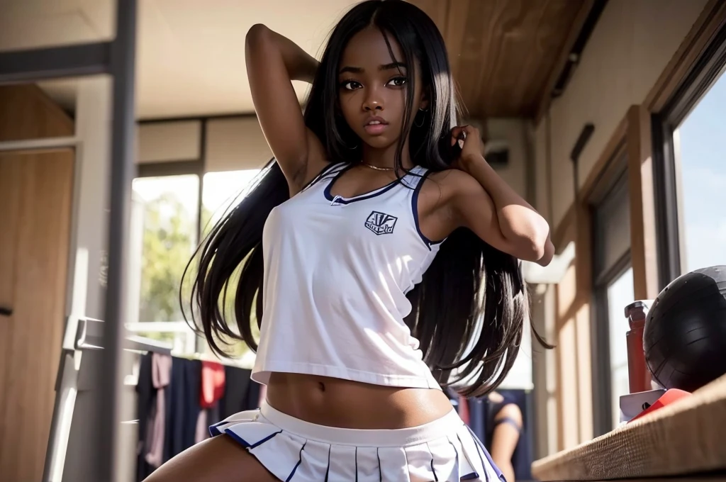 1 hot girl, dark skin, black eyes, ahegao, african, long hair, school girl, , small breasts, navel, exposing clothes, cheerleader, hand behind head, armpits, tight body, big lips, hombre musculoso, a lado, entrenador