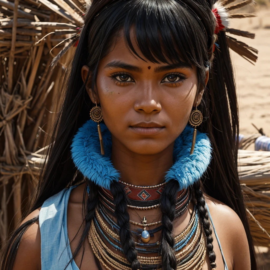 I want you to create a character. She is a young 25-year-old woman with the typical characteristics of the Apache people.  Her long, straight black hair frames a face with tanned skin, common among her people.  His light blue eyes contrast with the color of his skin, creating a penetrating and expressive look.  She wears traditional clothing from her tribe, made from animal skin, and her face is painted black as part of a war ritual.  she is a warrior