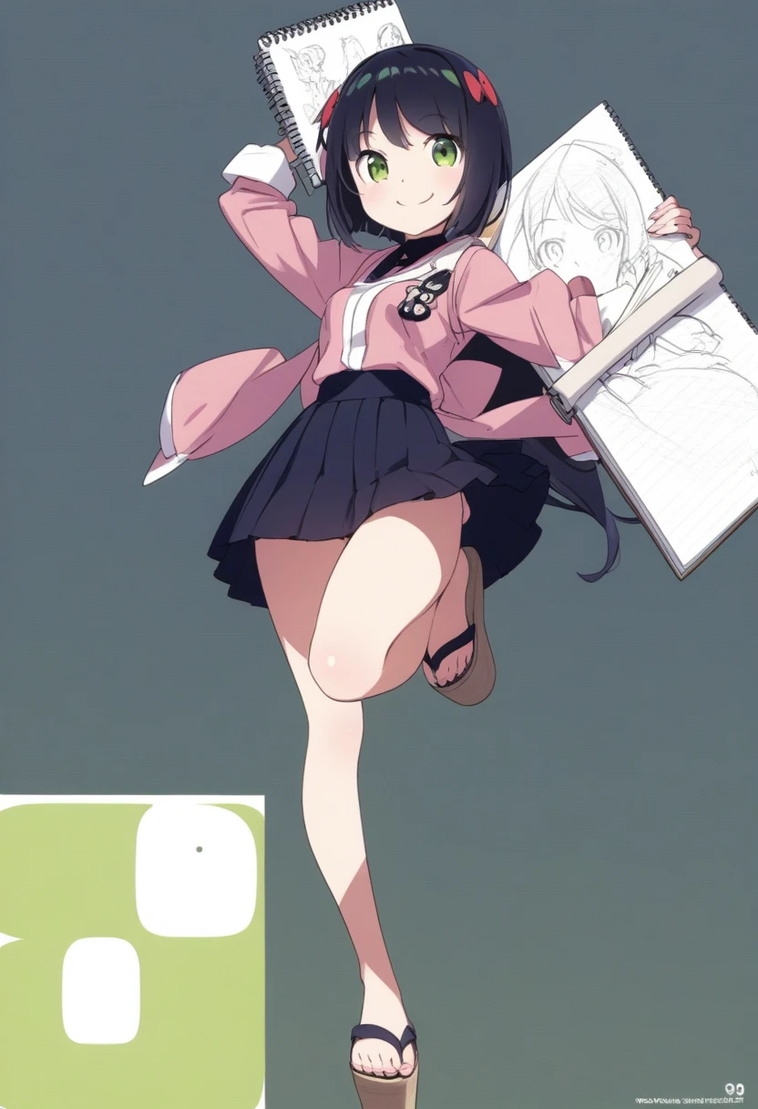 score_7_up,score_8_up,score_9,japanese girl,smile,one leg standing,grab one leg,sketchbook