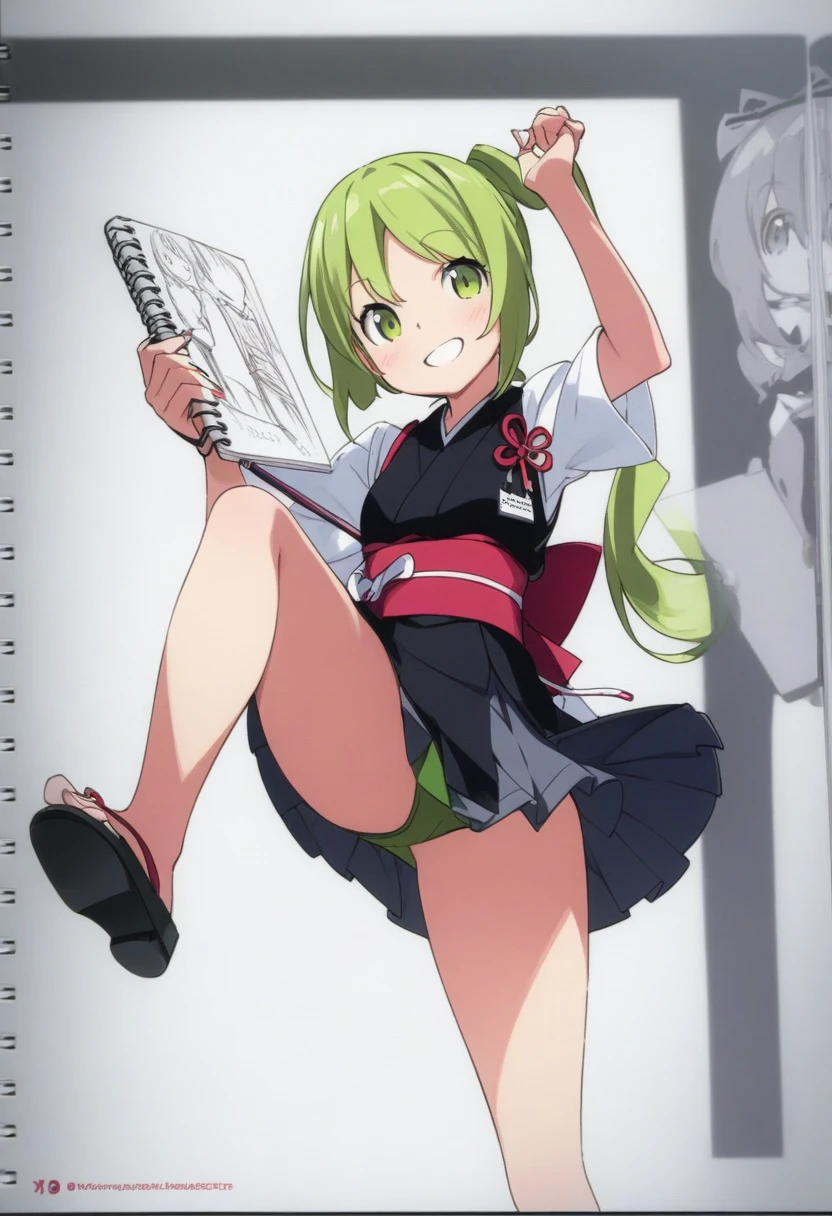 score_7_up,score_8_up,score_9,japanese girl,smile,one leg standing,grab one leg,sketchbook