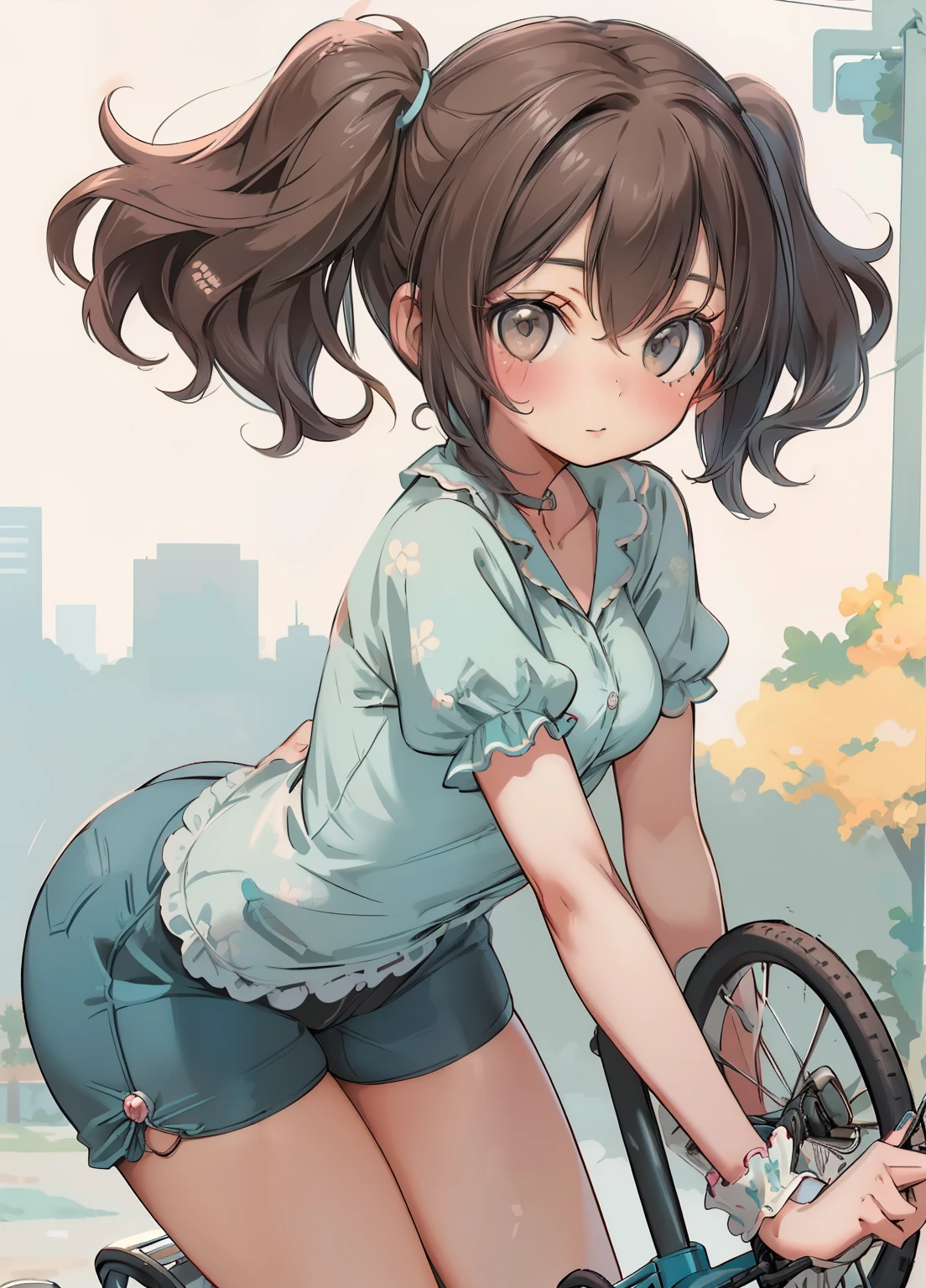 a girl rides a bicycle, Denim mini skirt, One girl, alone, underwear, Ground vehicles, panties, bicycle, Butt, white panties, blush, Recall, I'm smiling at you、