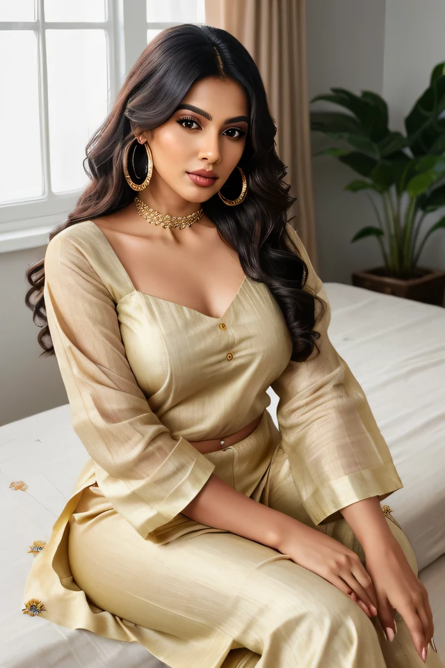 Create an ultra-realistic image of a modern, attractive female influencer of Indian descent, aged between 27 to 30. She should have a warm and inviting smile, expressive almond-shaped eyes with a slight shimmer, and clear, glowing skin with a medium brown complexion. Her features should be well-defined, with high cheekbones and a sharp jawline. Her hair should be long, thick, and wavy, with a natural shine and bounce, styled in loose waves, colored in a deep, reddish-purple hue that’s bold yet sophisticated. She should have a slender yet athletic build, reflecting a healthy and active lifestyle, with a medium bust size (44-46 inches), offering a balanced and proportionate appearance.

She is wearing a pale yellow linen Patiala salwar suit with simple floral embroidery, and a matching dupatta draped elegantly over her shoulder. Her outfit complements her figure and exudes elegance. She completes her look with stylish black heeled sandals that add elegance to her appearance. She accessorizes with subtle yet chic jewelry, such as small hoop earrings and a few thin bangles.

The background should be a bright and cheerful bedroom with yellow and white decor, a cozy bed with matching linens, and large windows letting in ample natural light. Her overall appearance should exude confidence, approachability, and sophistication, capturing the essence of a contemporary Indian fashion influencer.