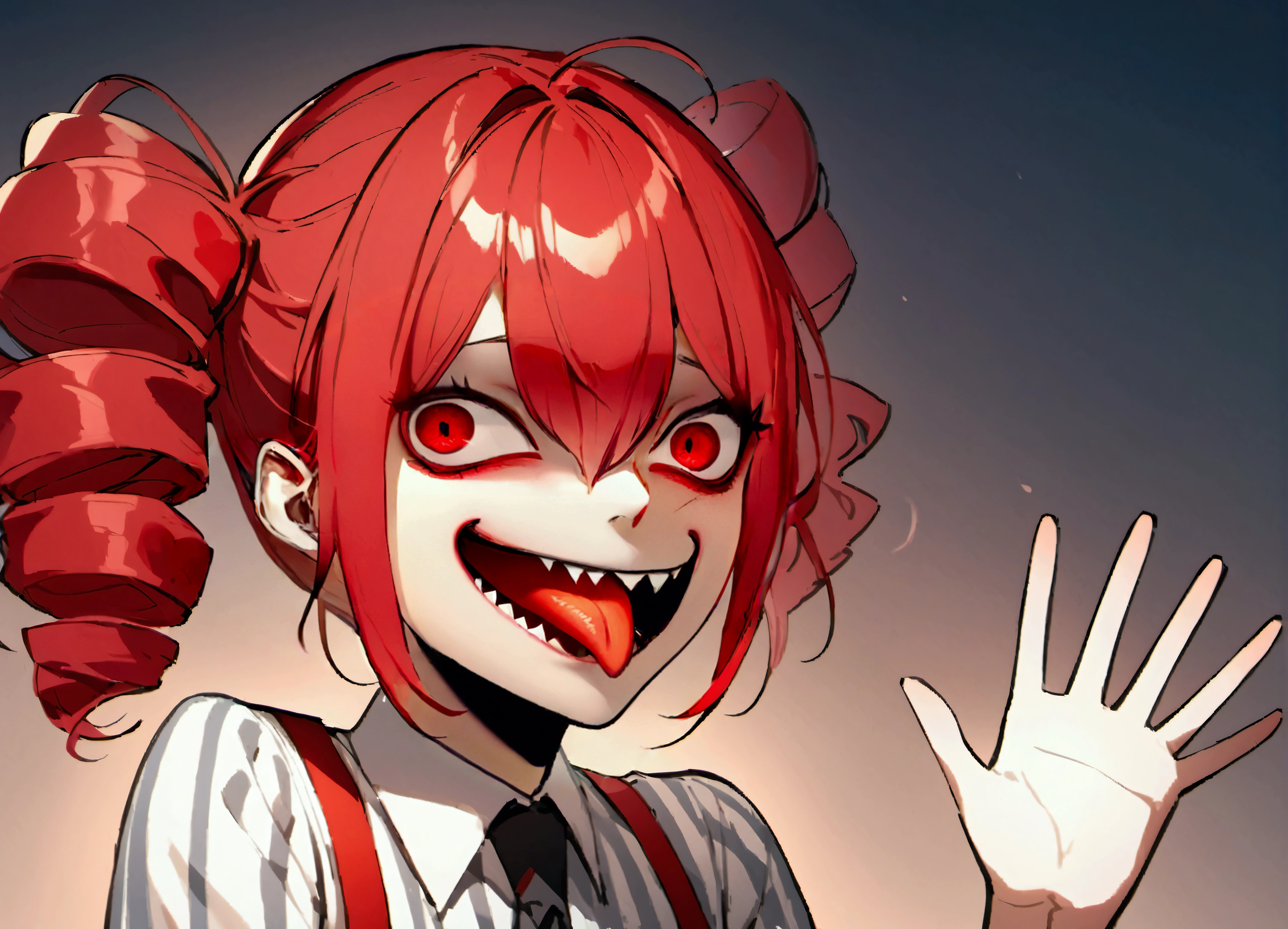 Scary face, smiling, sticking out tongue, sharp teeth