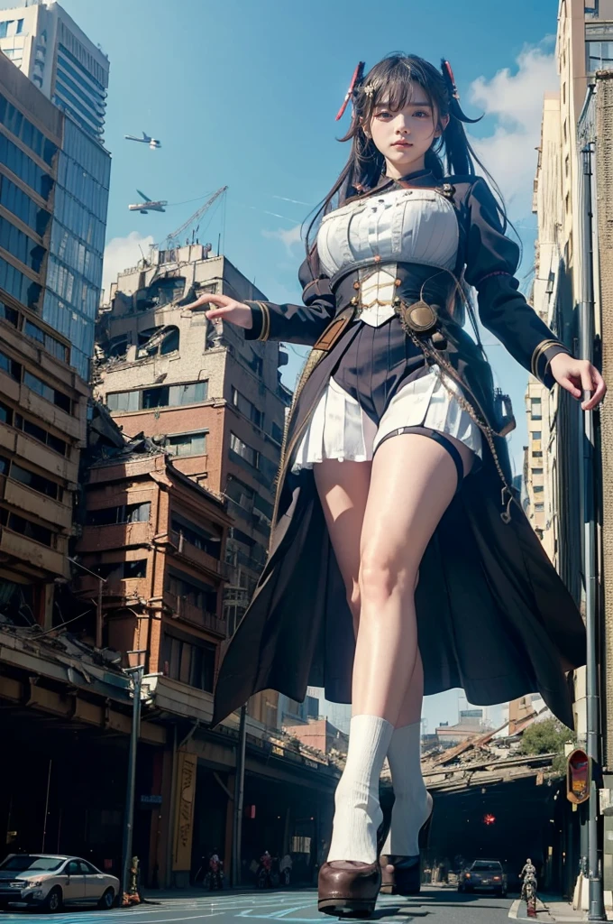 looking at the camera、steampunk、Standing on top of a ruined building、Big building explosion、The building collapses、Urban hustle and bustle、Traffic jam、City of Rubble、street tree、Car and bus、truck、taxi、City boulevard、Pedestrian bridge、Streetcar route((((Azur Lane Cheshire Cosplay))))、Frilled maid outfit、((Super huge breasts))、((Plump thighs))、Ground View,City of Giants,500 foot tall giant girl,skyscraper,Has super long legs,Step into the crowd,There are many people on the street,Knee-high socks,A happy look,Standing on the ruins,Beautiful appearance,Exquisite makeup,quality,8k,高quality,Perfect Proportions, Cinema Lighting,Film Grain,The Colors of Fuji,8k,Textured skin,Super Detail,High detail,high quality,High resolution,explode,False Smile、Reaching out